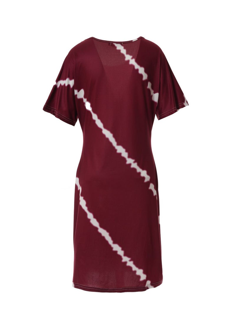 Aila Casual Short Sleeve Cold Shoulder Midi Kint Dress Wine/White  - Image 2