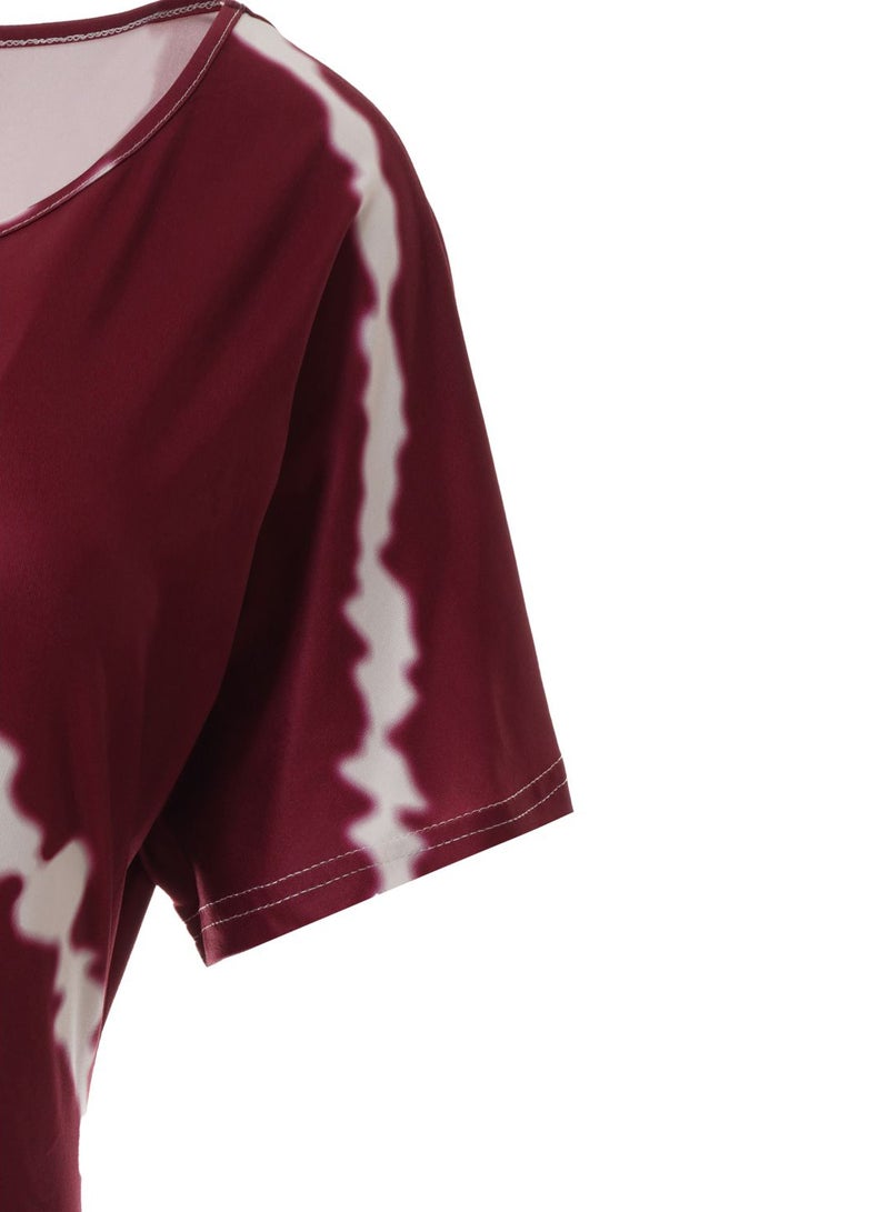Aila Casual Short Sleeve Cold Shoulder Midi Kint Dress Wine/White  - Image 4