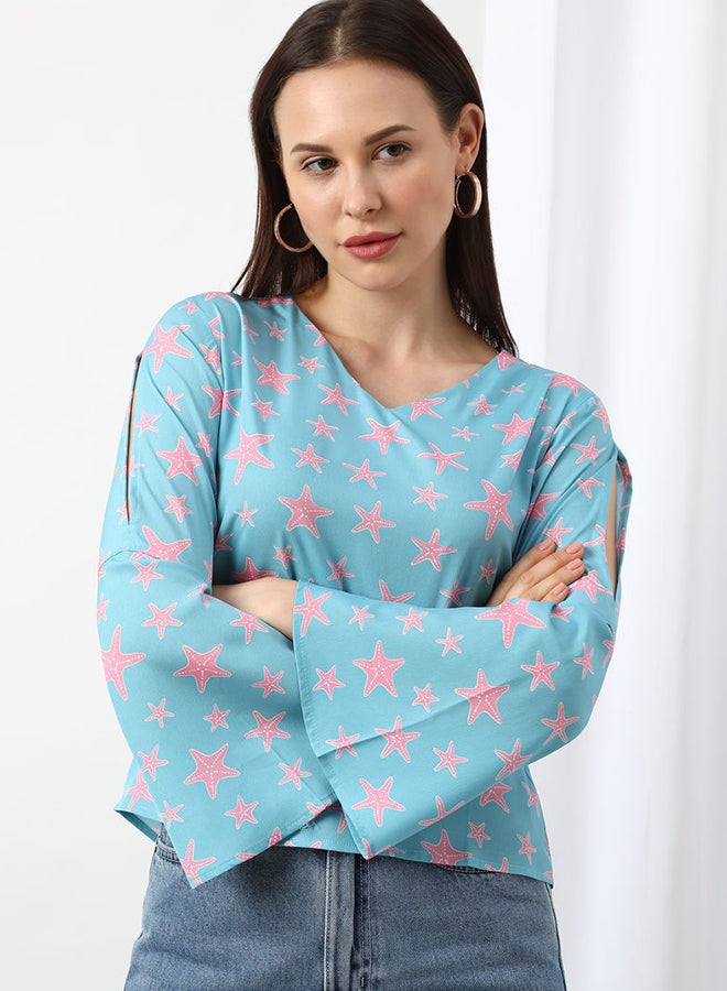 Aila Casual Woven Top Sky Blue/Pink  - Image 1