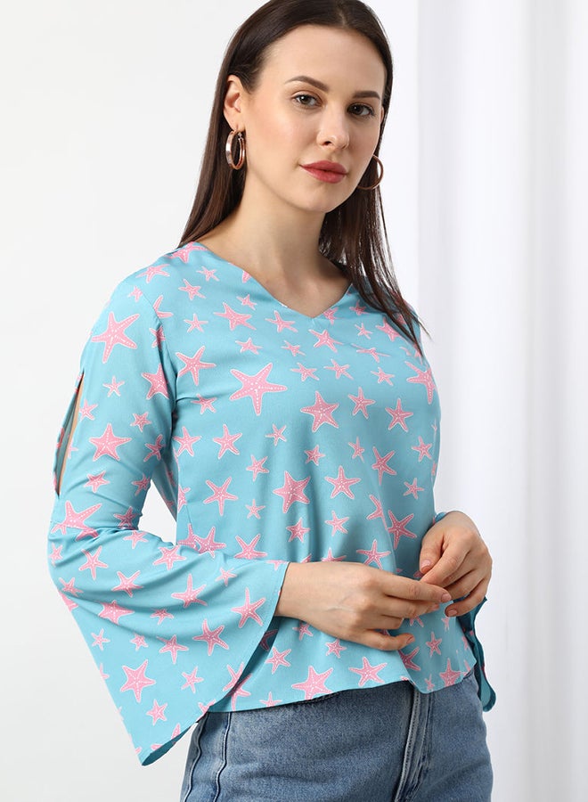 Aila Casual Woven Top Sky Blue/Pink  - Image 3