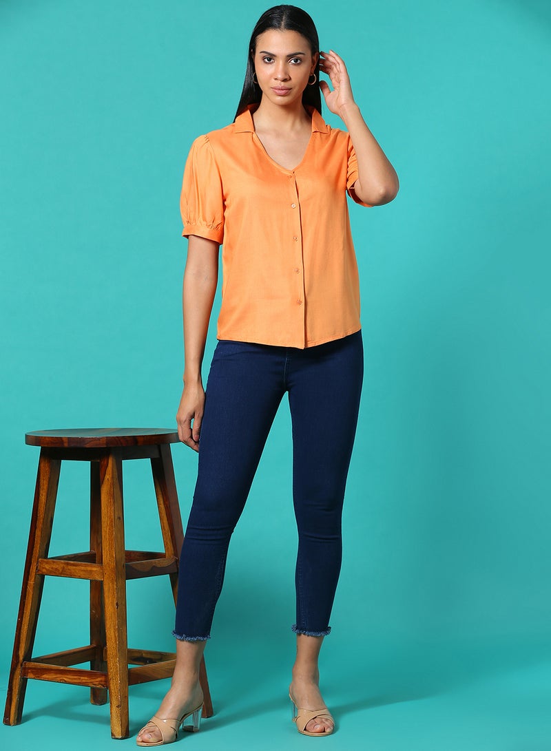 Aila Button Down Plain Top Amber Glow  - Image 3