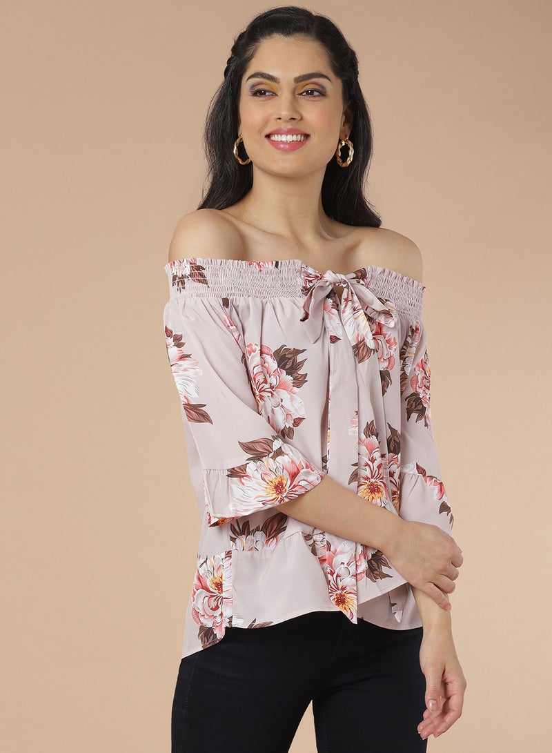 Aila Floral Off Shoulder Top beige multicolor  - Image 1