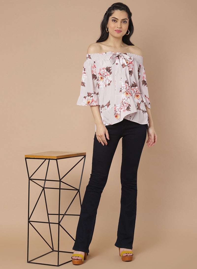 Aila Floral Off Shoulder Top beige multicolor  - Image 3