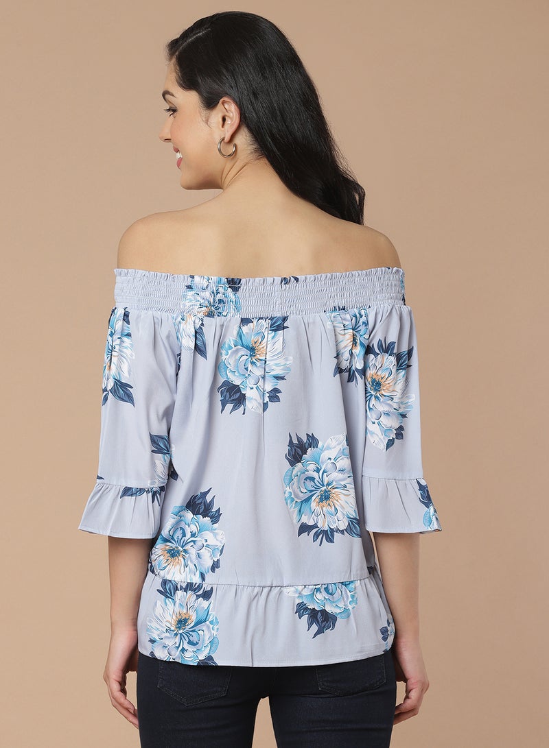 Aila - Floral Off Shoulder Top light blue multicolor - Image 1