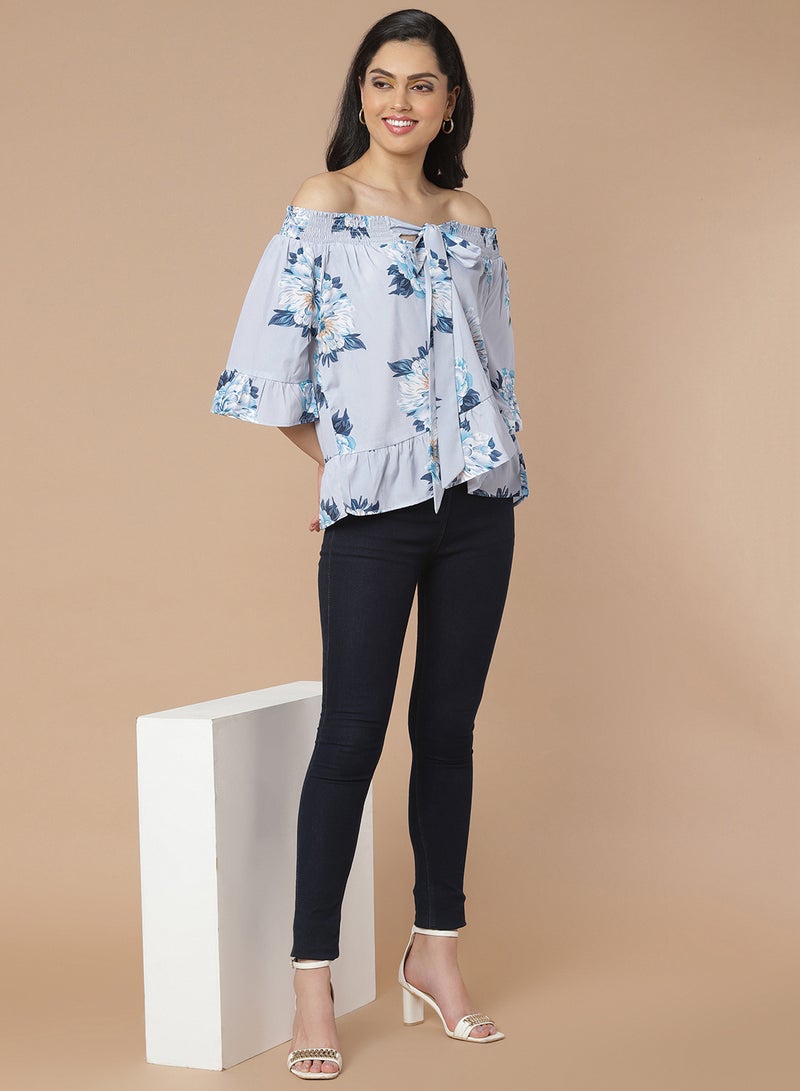 Aila - Floral Off Shoulder Top light blue multicolor - Image 1