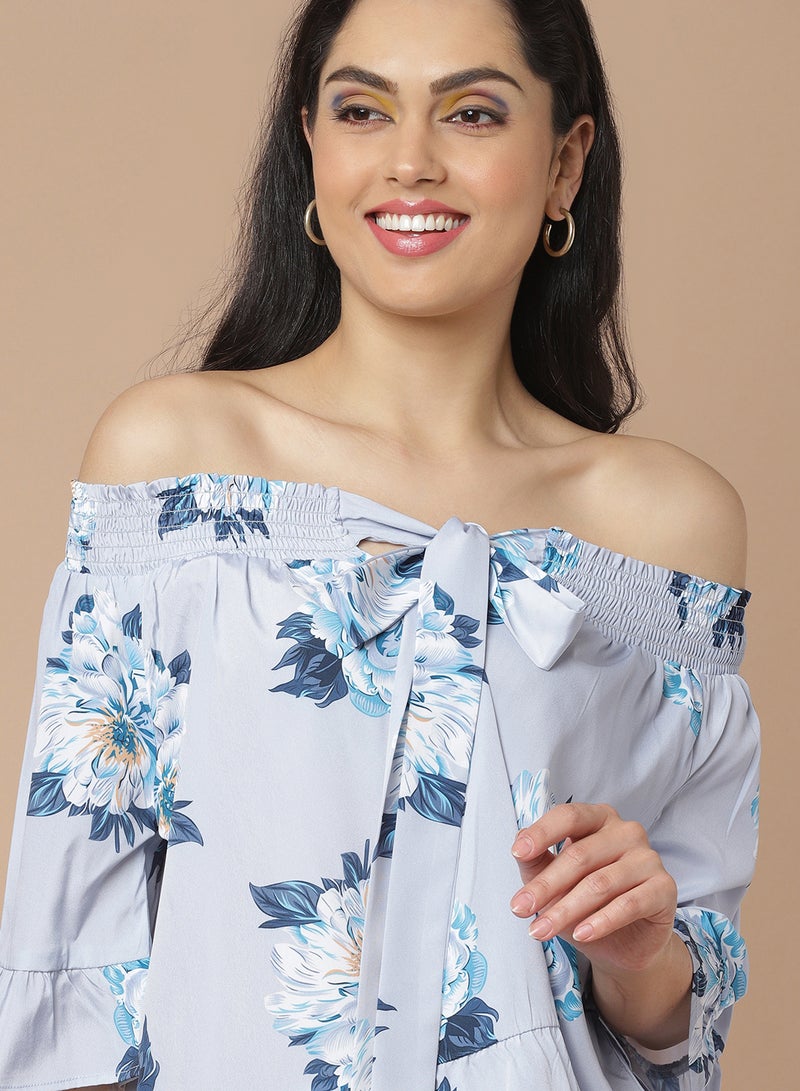 Aila - Floral Off Shoulder Top light blue multicolor - Image 1