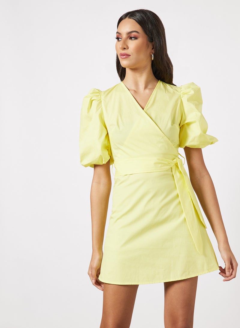 Aila Casual Criss Cross V-Neck Puff Sleeve Plain/Basic Mini Dress With Belt Light Yellow  - Image 1