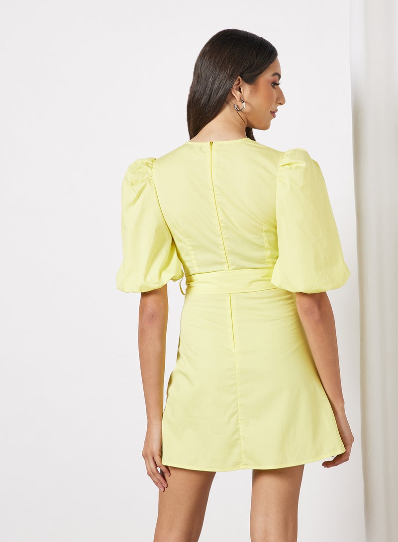 Aila Casual Criss Cross V-Neck Puff Sleeve Plain/Basic Mini Dress With Belt Light Yellow  - Image 2