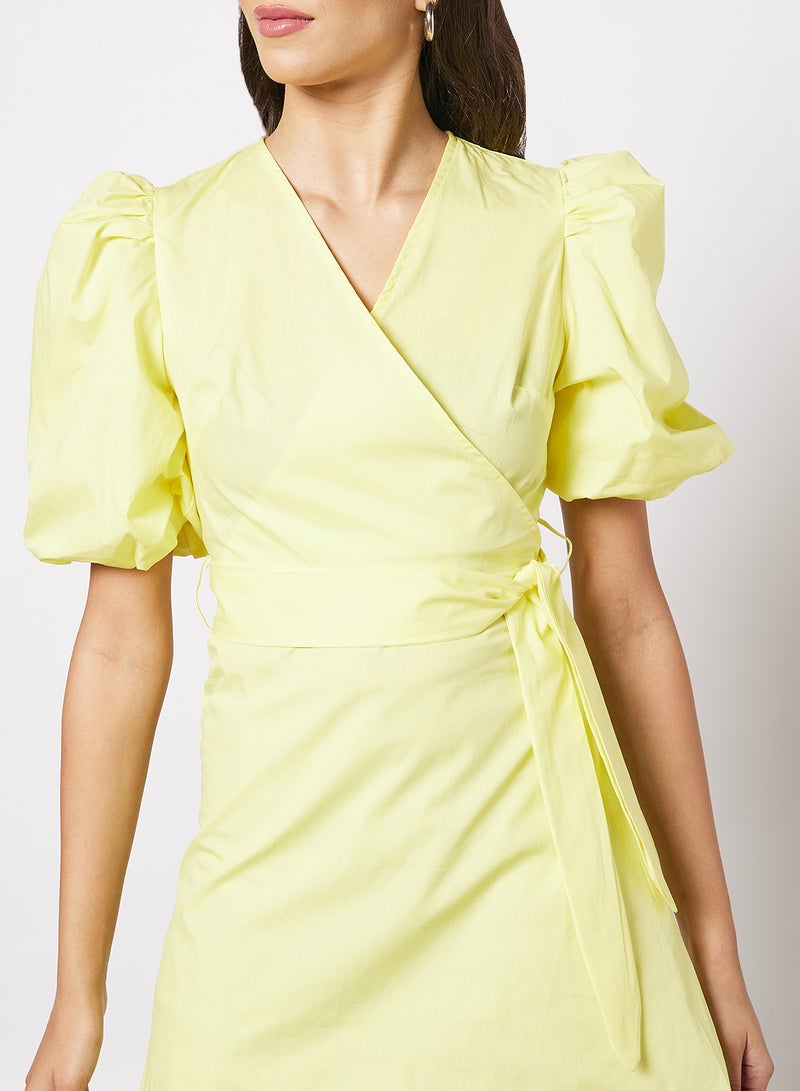Aila Casual Criss Cross V-Neck Puff Sleeve Plain/Basic Mini Dress With Belt Light Yellow  - Image 3