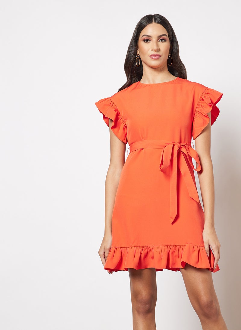 Aila Casual Ruffle Cap Sleeve Mini Belted Dress With Round Neck Ruffle Hem 51 Red  - Image 1