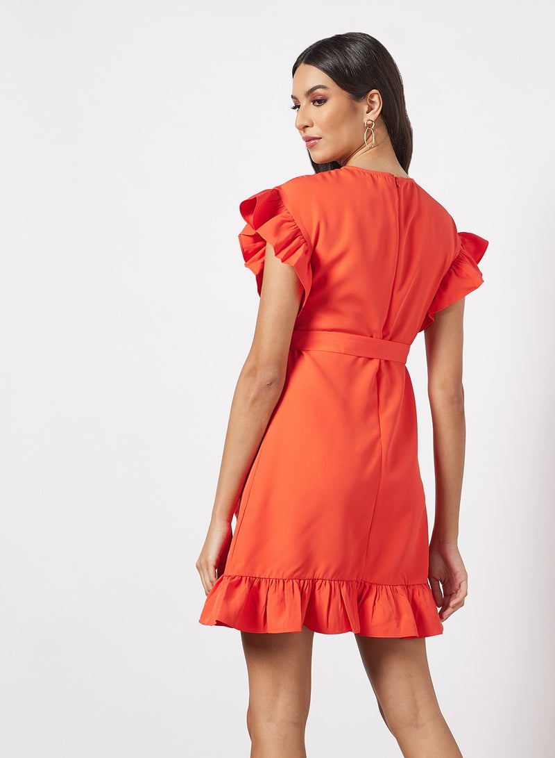 Aila Casual Ruffle Cap Sleeve Mini Belted Dress With Round Neck Ruffle Hem 51 Red  - Image 2
