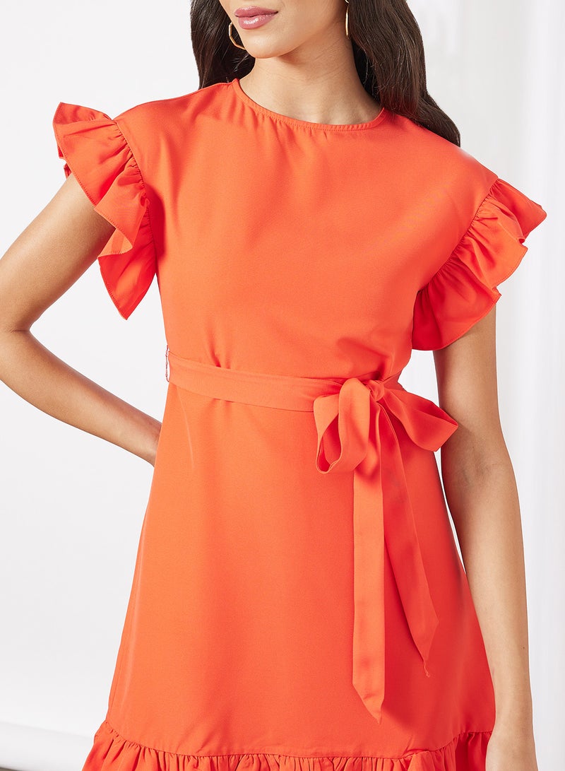 Aila Casual Ruffle Cap Sleeve Mini Belted Dress With Round Neck Ruffle Hem 51 Red  - Image 3