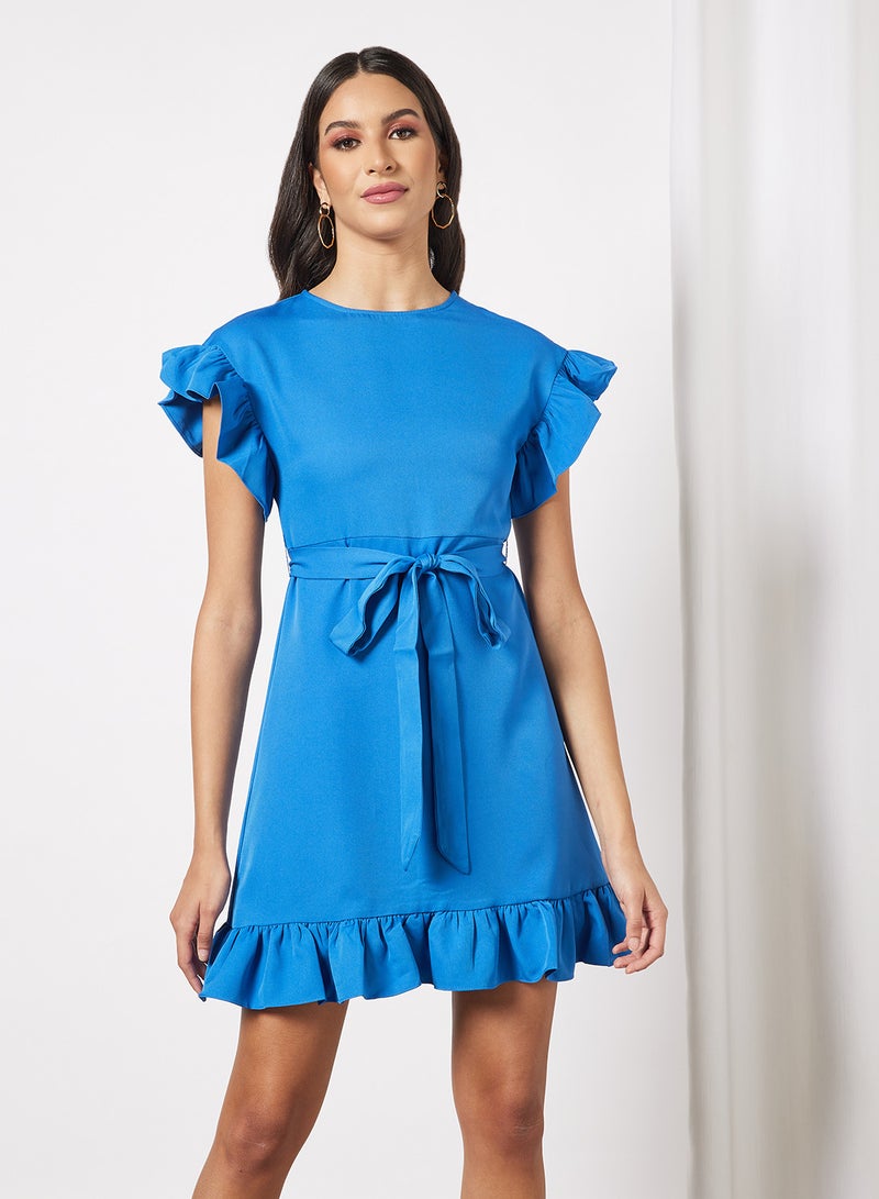 Aila Casual Ruffle Cap Sleeve Mini Belted Dress With Round Neck Ruffle Hem 69 Blue  - Image 1