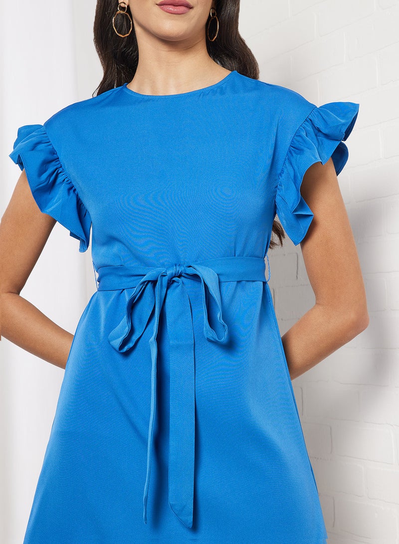 Aila Casual Ruffle Cap Sleeve Mini Belted Dress With Round Neck Ruffle Hem 69 Blue  - Image 3
