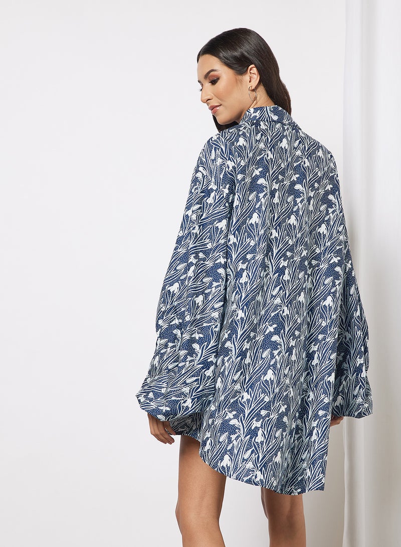 Aila - Casual Collared Neck Long Sleeve Oversized Shirt Dress 5 Blue Print - Image 1