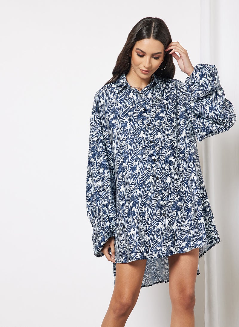 Aila - Casual Collared Neck Long Sleeve Oversized Shirt Dress 5 Blue Print - Image 1