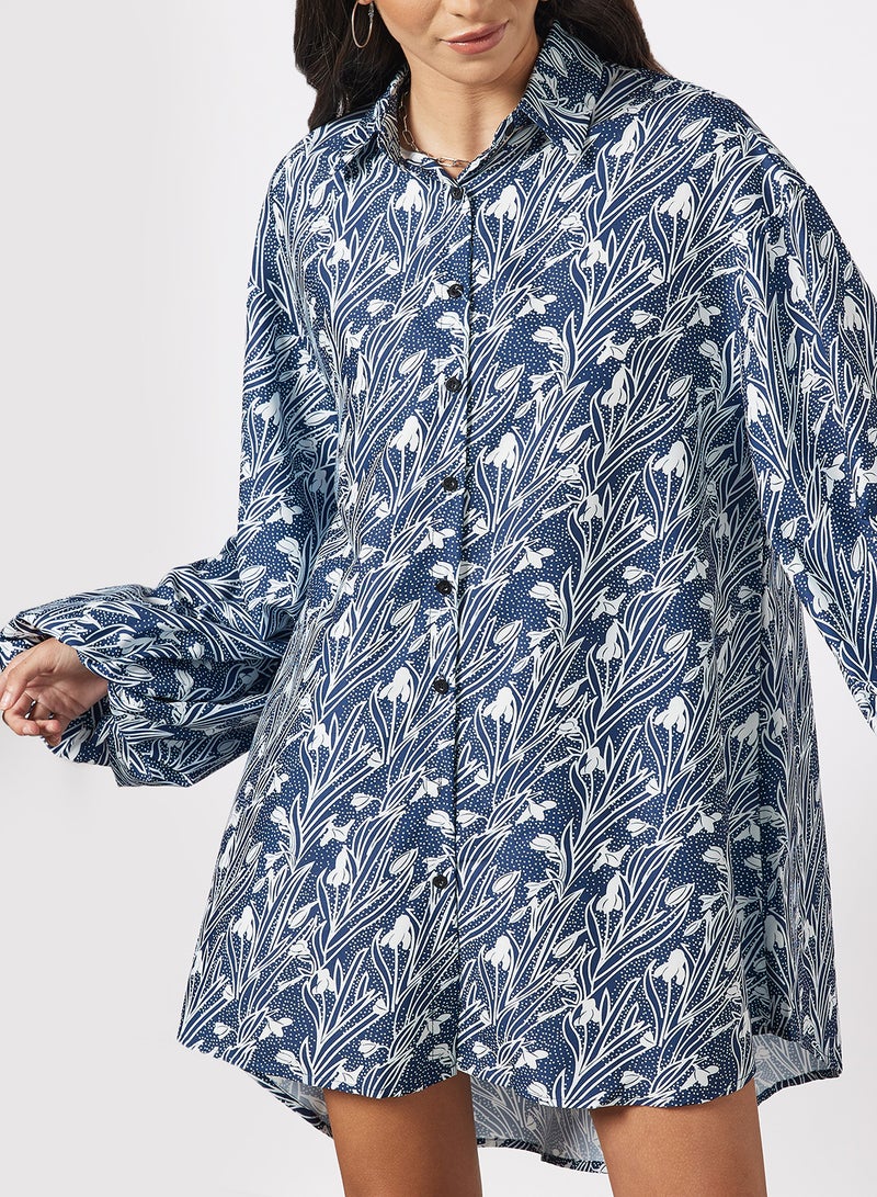 Aila - Casual Collared Neck Long Sleeve Oversized Shirt Dress 5 Blue Print - Image 1