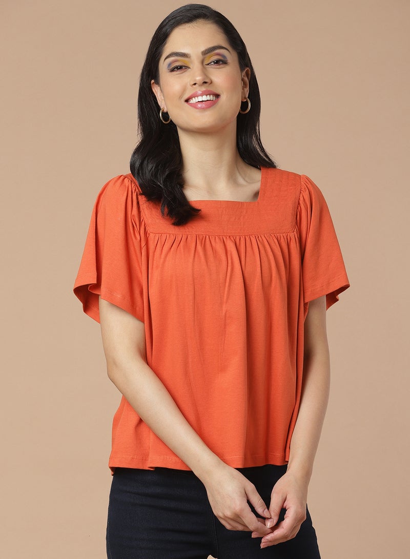 Aila Solid Pattern Square Neck Top Orange  - Image 1