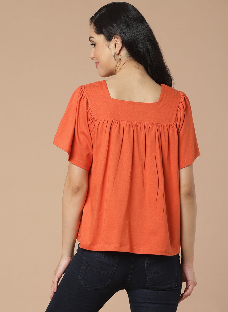 Aila Solid Pattern Square Neck Top Orange  - Image 2