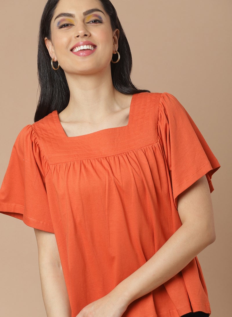 Aila Solid Pattern Square Neck Top Orange  - Image 3