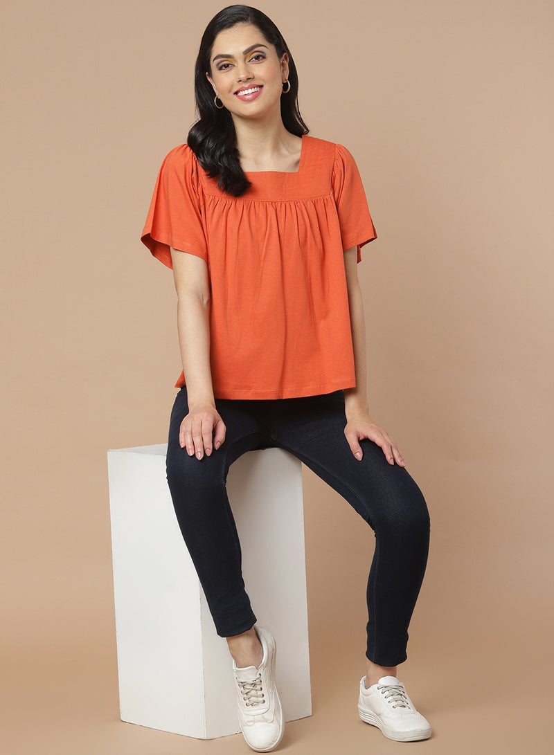 Aila Solid Pattern Square Neck Top Orange  - Image 4
