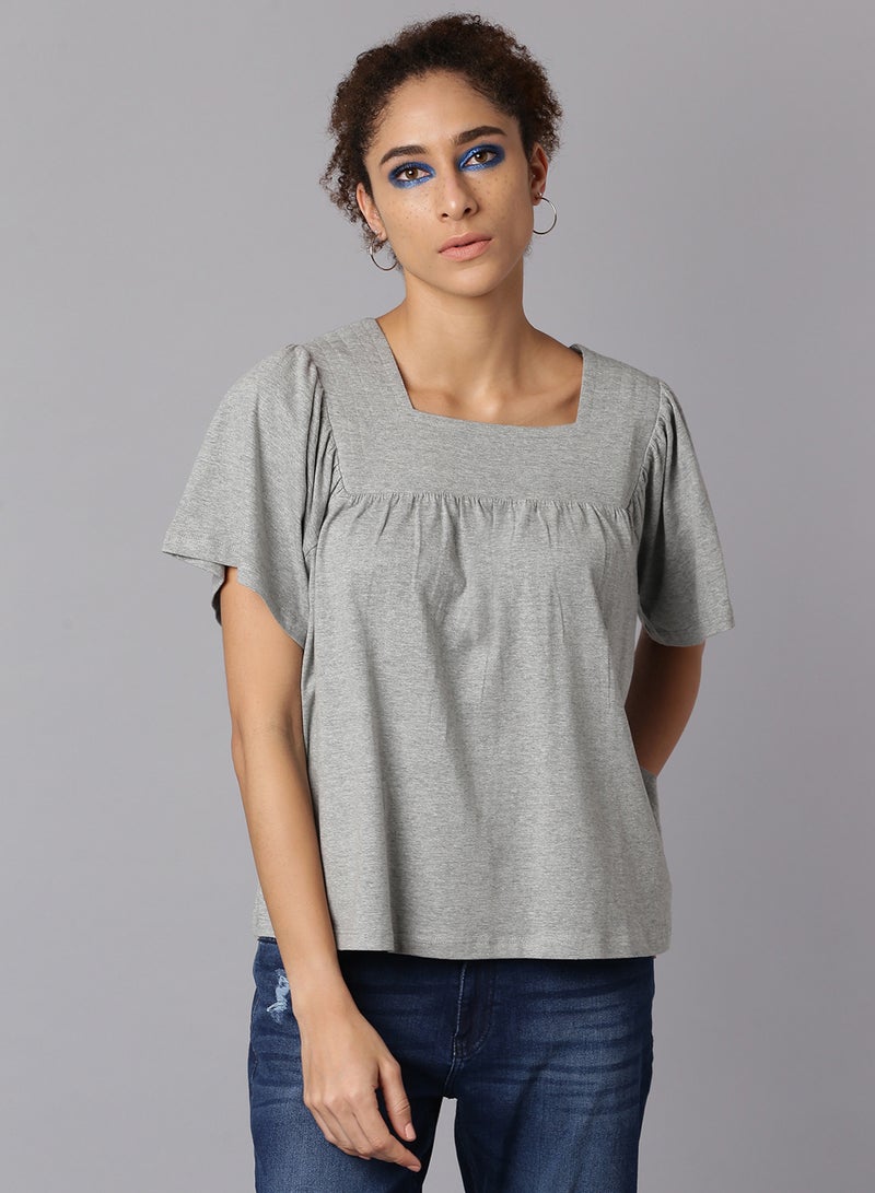 Aila Solid Pattern Square Neck Top Grey  - Image 1