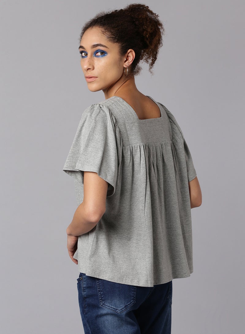 Aila Solid Pattern Square Neck Top Grey  - Image 2