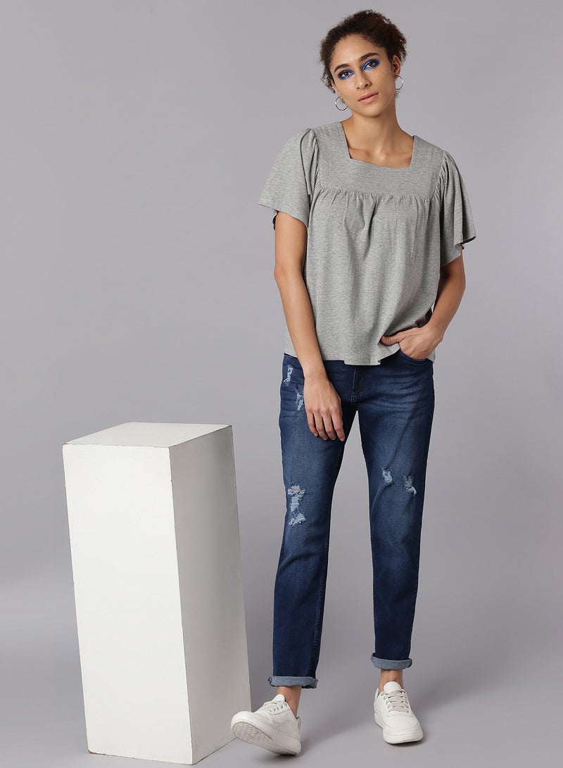 Aila Solid Pattern Square Neck Top Grey  - Image 4