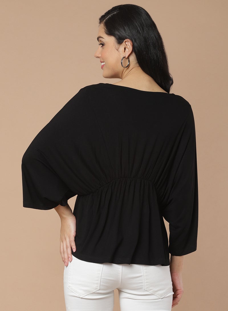 Aila - Solid Pattern Batwing Sleeve Top Black - Image 1