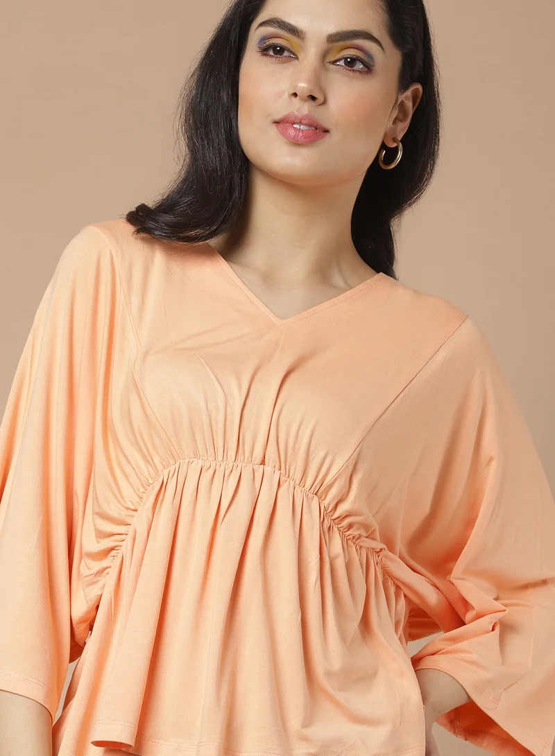Aila Solid Pattern Batwing Sleeve Top Orange