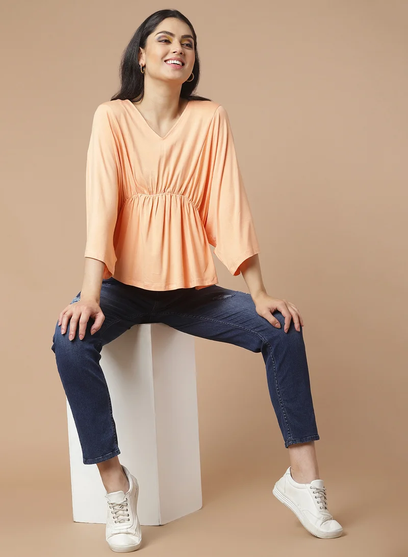 Aila Solid Pattern Batwing Sleeve Top Orange