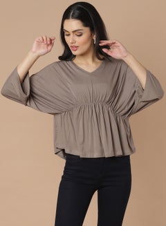 Solid Pattern Batwing Sleeve Top Brown