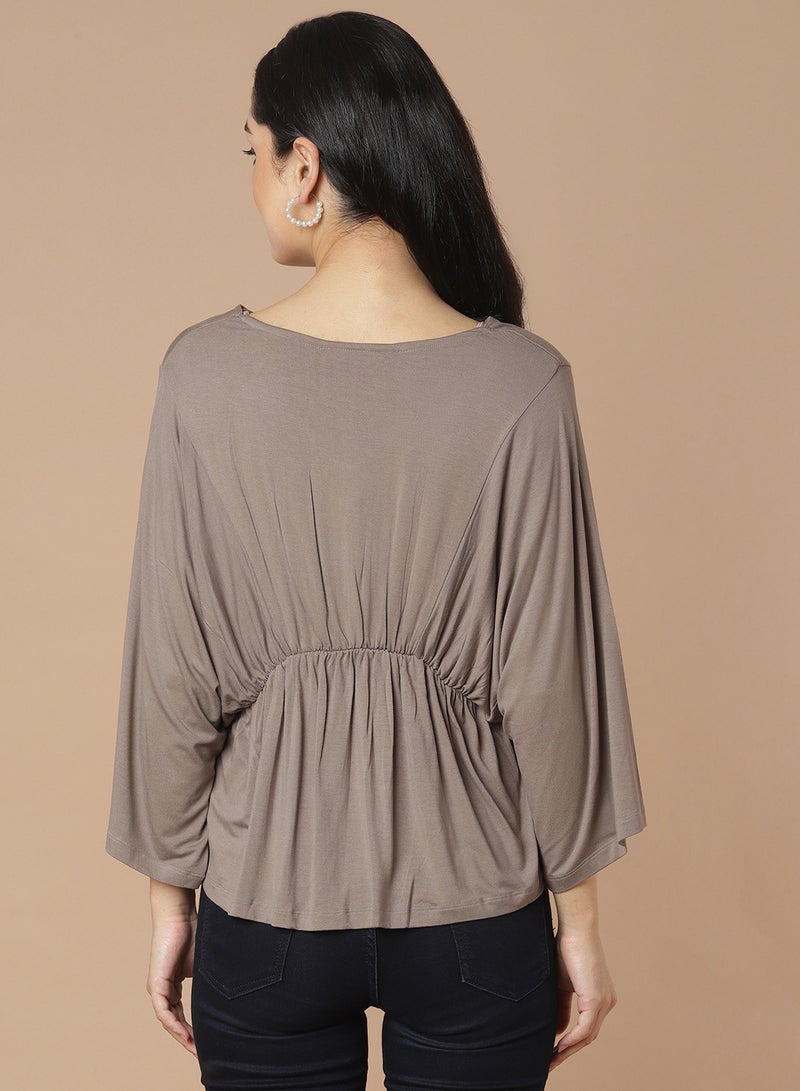 Aila - Solid Pattern Batwing Sleeve Top Brown - Image 1