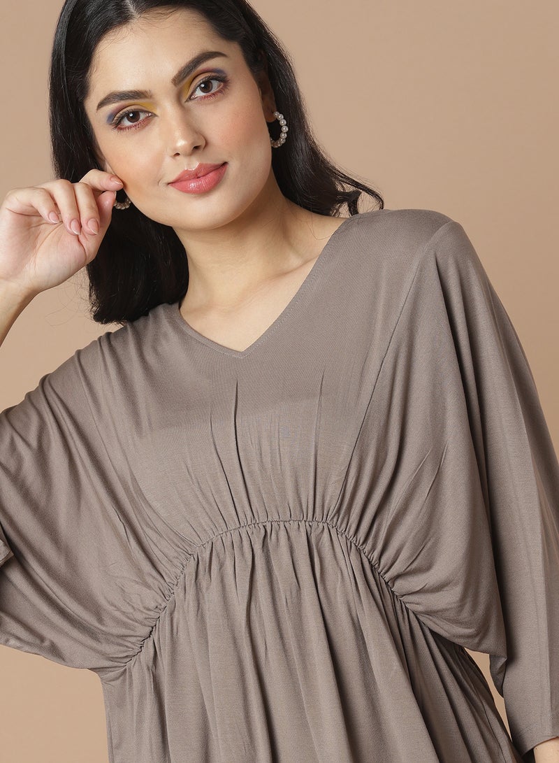 Aila - Solid Pattern Batwing Sleeve Top Brown - Image 1