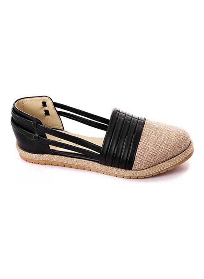 ICE CLUB Round Toecap Straw & Leather Flats Black  - Image 1