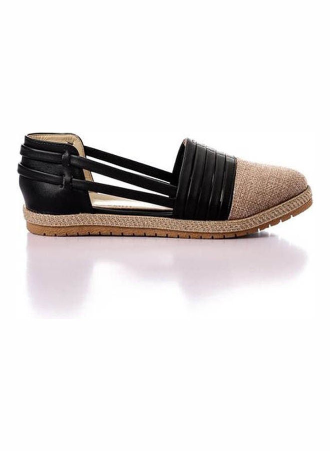 ICE CLUB Round Toecap Straw & Leather Flats Black  - Image 2