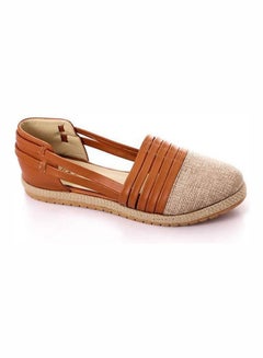 Round Toecap Straw & Leather Flats Brown