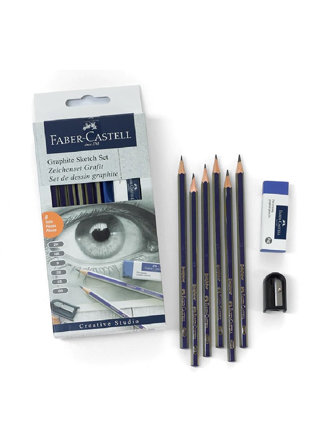 FABER-CASTELL - 8-Piece Graphite Sketch Set ( 6 Pencil + 1 Sharpener + 1 Eraser ) Grey/White/Black - Image 1