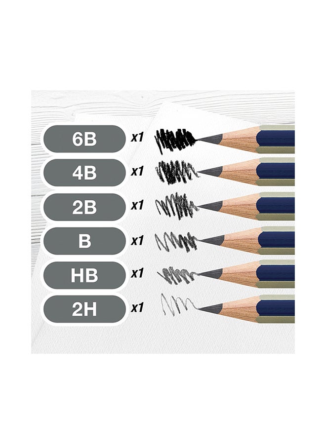 FABER-CASTELL - 8-Piece Graphite Sketch Set ( 6 Pencil + 1 Sharpener + 1 Eraser ) Grey/White/Black - Image 1