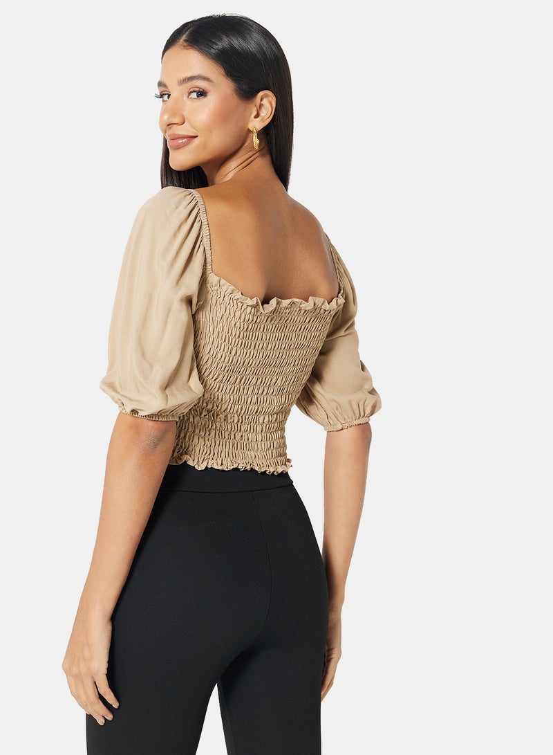 trendyol - Smocked Off-Shoulder Crop Top Stone - Image 1