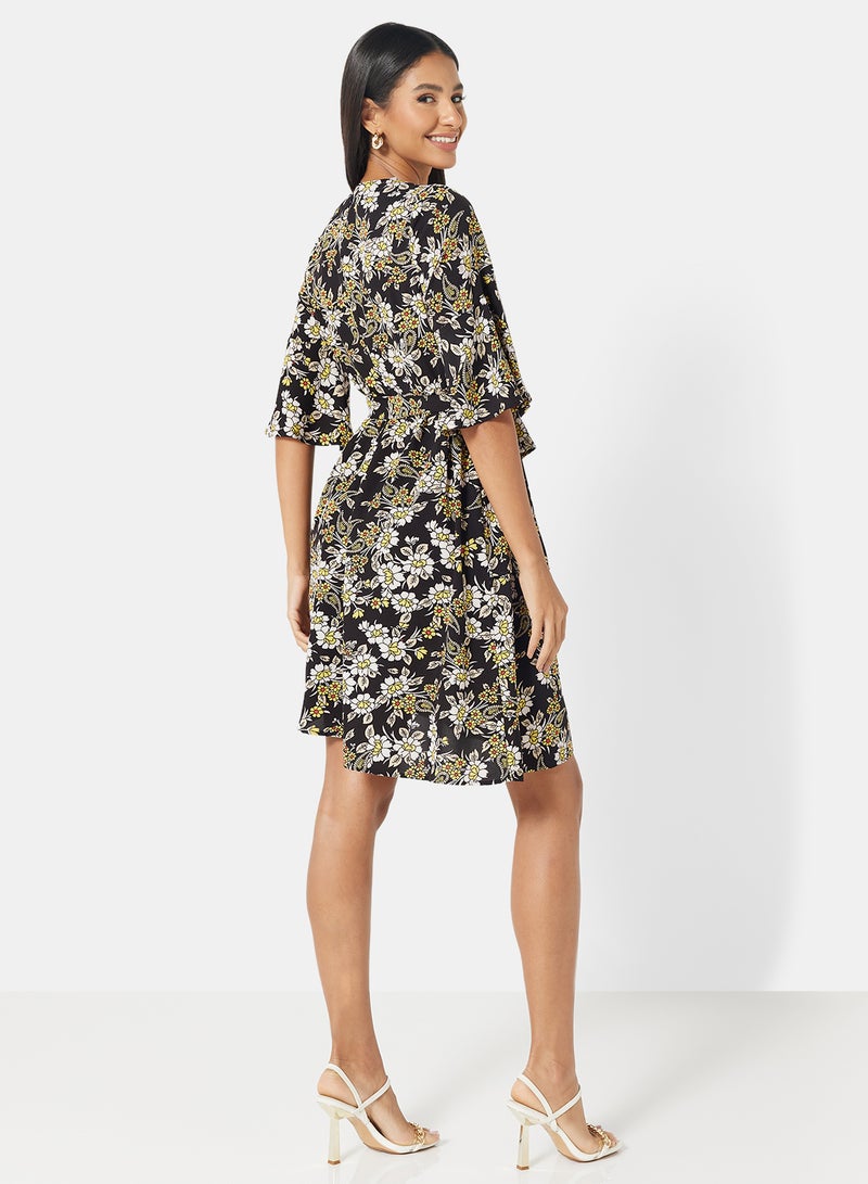 Aila Women's Casual V-Neck Floral Print Short Sleeve Midi Dress With Slit Black White Print - Image 2