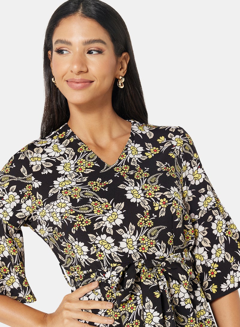 Aila Women's Casual V-Neck Floral Print Short Sleeve Midi Dress With Slit Black White Print - Image 4