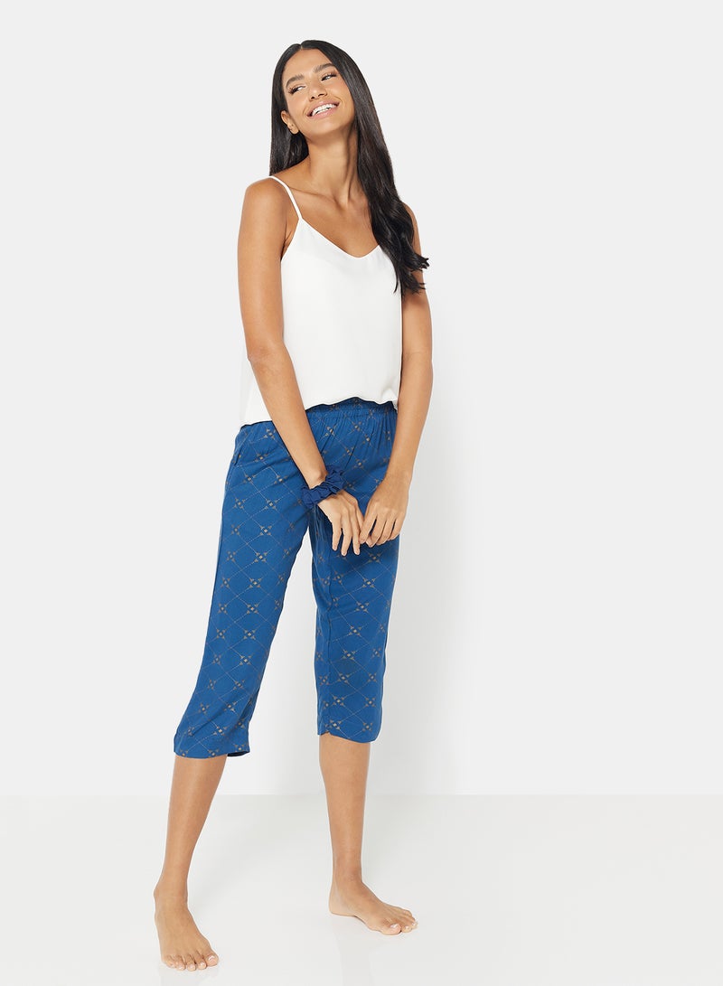 Aila Casual Comfortable Relaxed Fit Three-Quarter Pyjamas With A Matching Scrunchie Navy  - Image 3