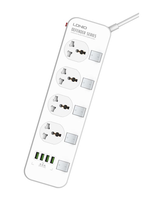 Sc4408 Defender Series 2500W 4 Sockets With Independent Switch 3.4A 4 Usb Port Multifunction Power Surge Protector, Medium White 2meter