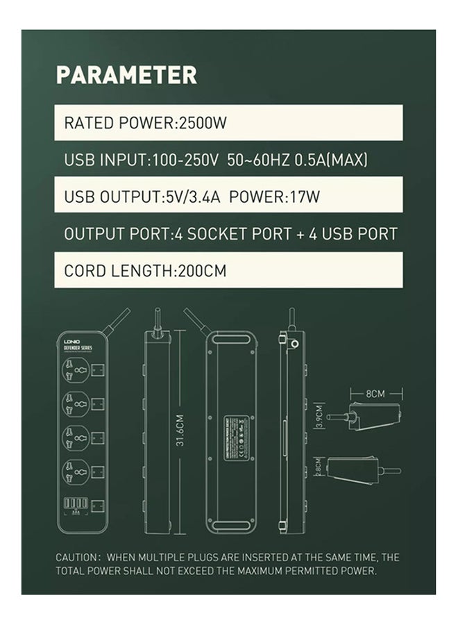 Sc4408 Defender Series 2500W 4 Sockets With Independent Switch 3.4A 4 Usb Port Multifunction Power Surge Protector, Medium White 2meter - v1653375493/N39811790A_7