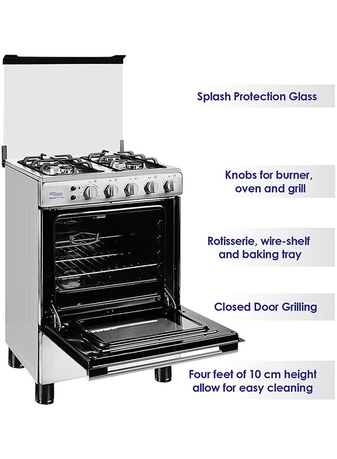4 Burner Gas Cooker 60 x 60 cm, Full-Safety, Stainless-Steel Cooker, Gas Oven with Rotisserie, Thermostat, Auto-Ignition, 1 year warranty SGC601FS(N) Silver/Black