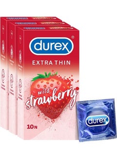 Durex 10-Piece Extra Thin Wild Strawberry Flavoured Condoms For Men, Pack Of 3  - Image 1