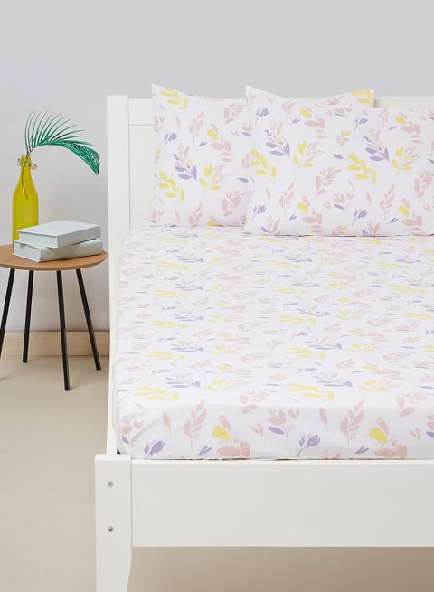 Fitted Bedsheet Set Queen Size High Quality 100% Cotton Percale 144 TC Light Weight Everyday Use 1 Bed Sheet And 2 Pillow Cases Printed White/Multicolor Cotton White/Multicolor