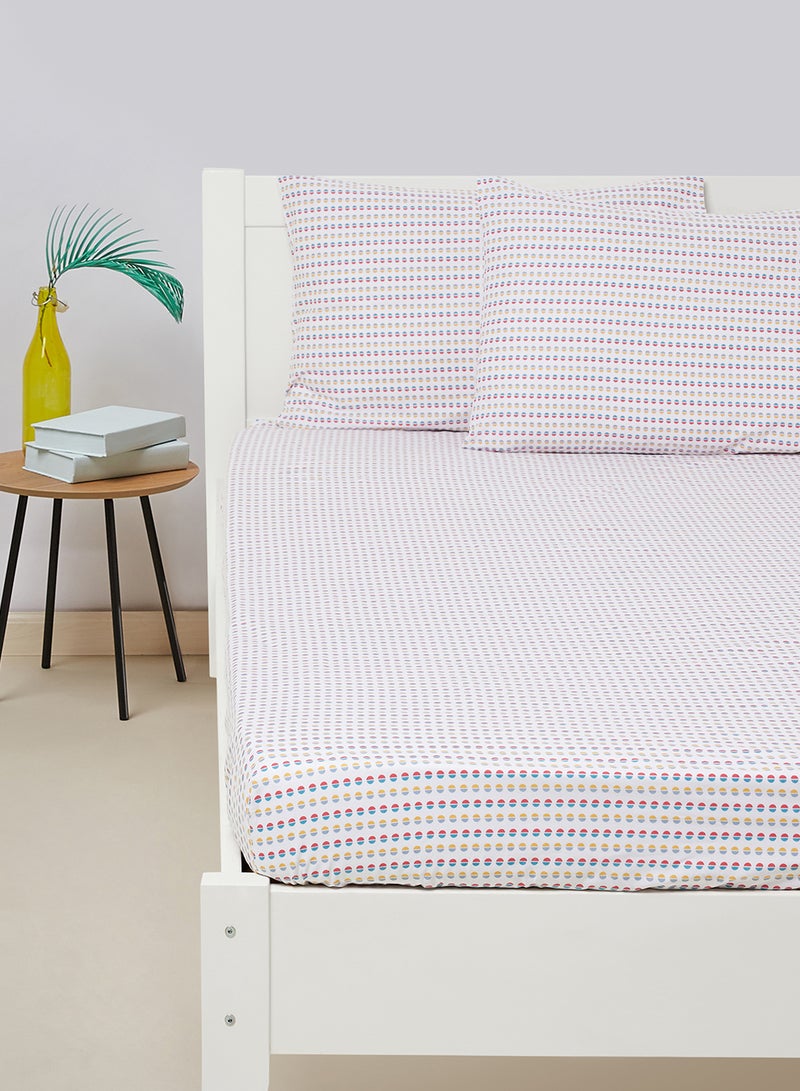 Amal - Fitted Bedsheet Set Super King Size High Quality 100% Cotton Percale 144 TC Light Weight Everyday Use 1 Bed Sheet And 2 Pillow Cases Printed Multicolor/White Cotton Multicolor/White - Image 1