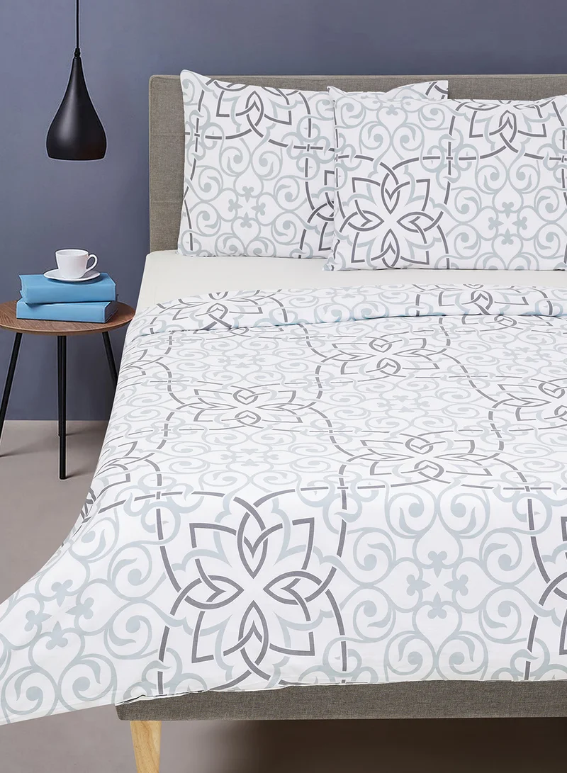Noon East Duvet Cover Set - With 1 Duvet Cover 160X200 Cm And 2 Pillow Cover 50X75 Cm - For Twin Size Mattress - 100% Cotton Percale 180 Thread Count White/Grey Twin